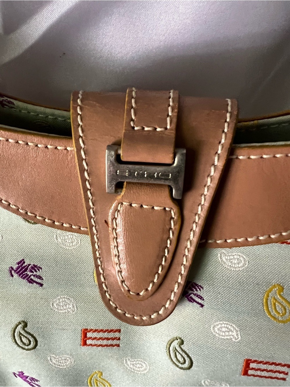 ETRO Light Green Canvas Shoulder Bag with Tan Leather Trim SERIAL NUMBER PHOTO - Picture 3 of 13
